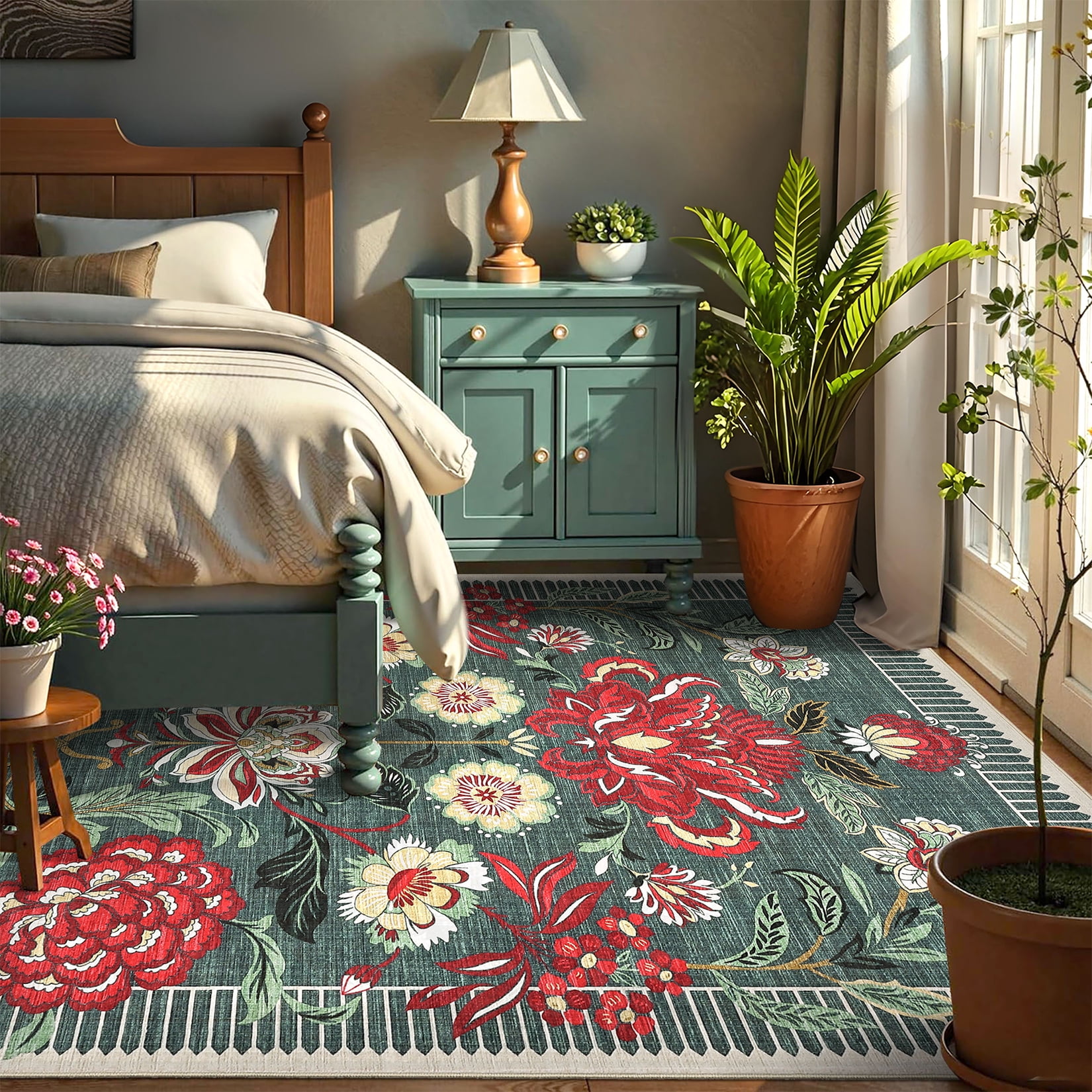HOMERRY Large Modern 8' x 10' Area Rug for Living Room Washable Gray Green Floral Pattern Indoor Carpet