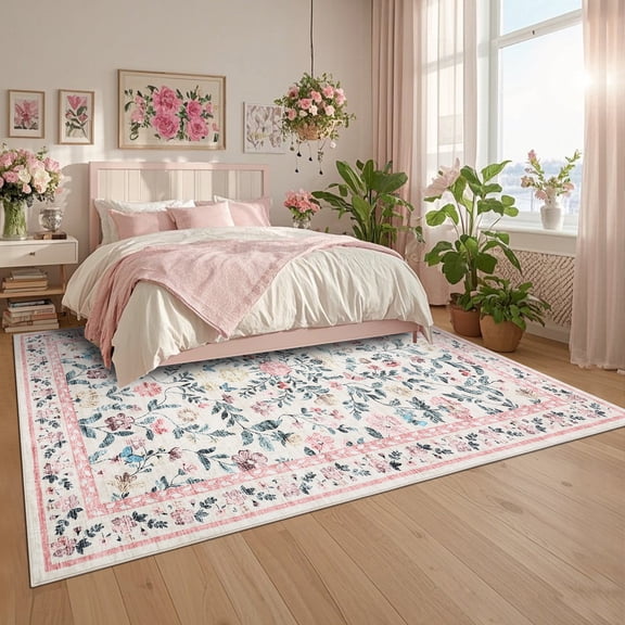 HOMERRY Large Modern 9' x 12' Area Rug for Living Room Washable Pink Floral Pattern Indoor Carpet