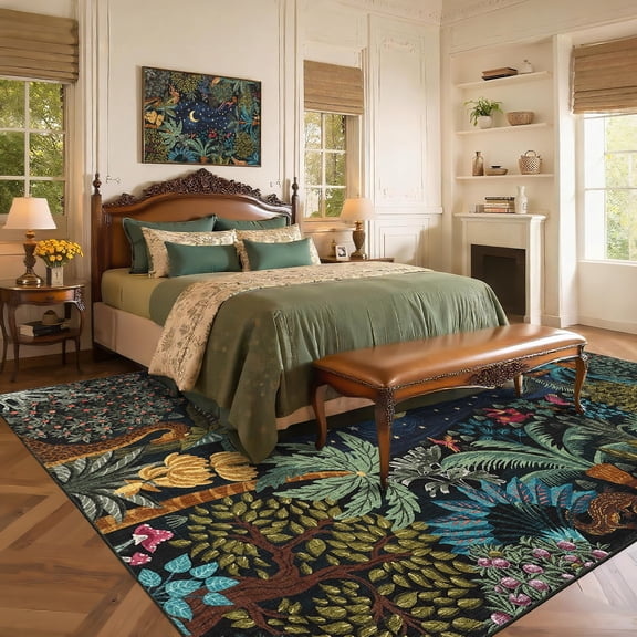 HOMERRY Large Night Jungle Print Non-Shedding Area Rug 10' x 13' for Living Room Washable Indoor Carpet, Navy