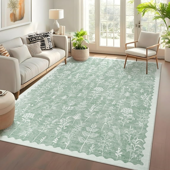 HOMERRY Large Scallop Bordered Pattern Area Rug 10' x 13' for Living Room Indoor Floral Carpet, Light Green