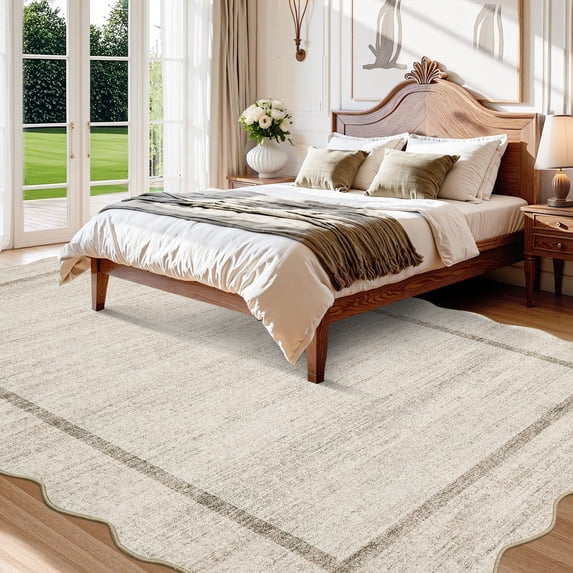 HOMERRY Large Scalloped Border Non-Shedding Area Rug 10' x 13' for Living Room Washable Indoor Carpet, Beige