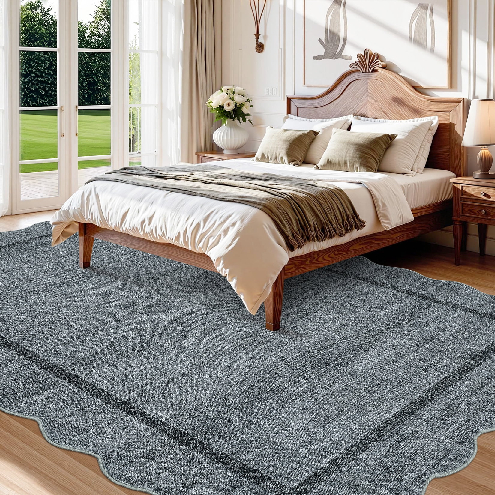 HOMERRY Large Scalloped Border Non-Shedding Area Rug 9' x 12' for Living Room Washable Indoor Carpet, Gray