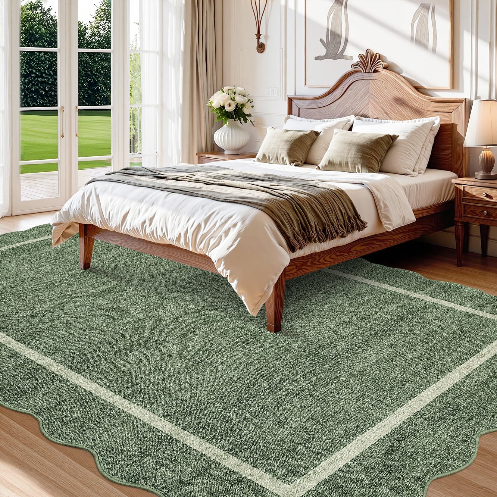 HOMERRY Large Scalloped Border Non-Shedding Area Rug 9' x 12' for Living Room Washable Indoor Carpet, Green