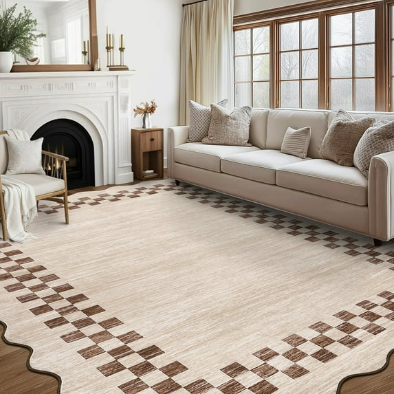 HOMERRY Large Scalloped Border Plaid Non-Shedding Area Rug 10' x 13' for Living Room Washable Indoor Carpet, Camel