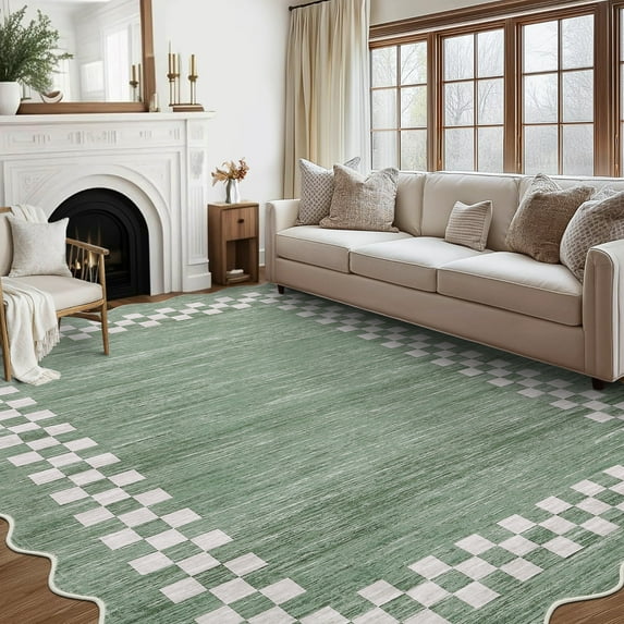 HOMERRY Large Scalloped Border Plaid Non-Shedding Area Rug 10' x 13' for Living Room Washable Indoor Carpet, Green