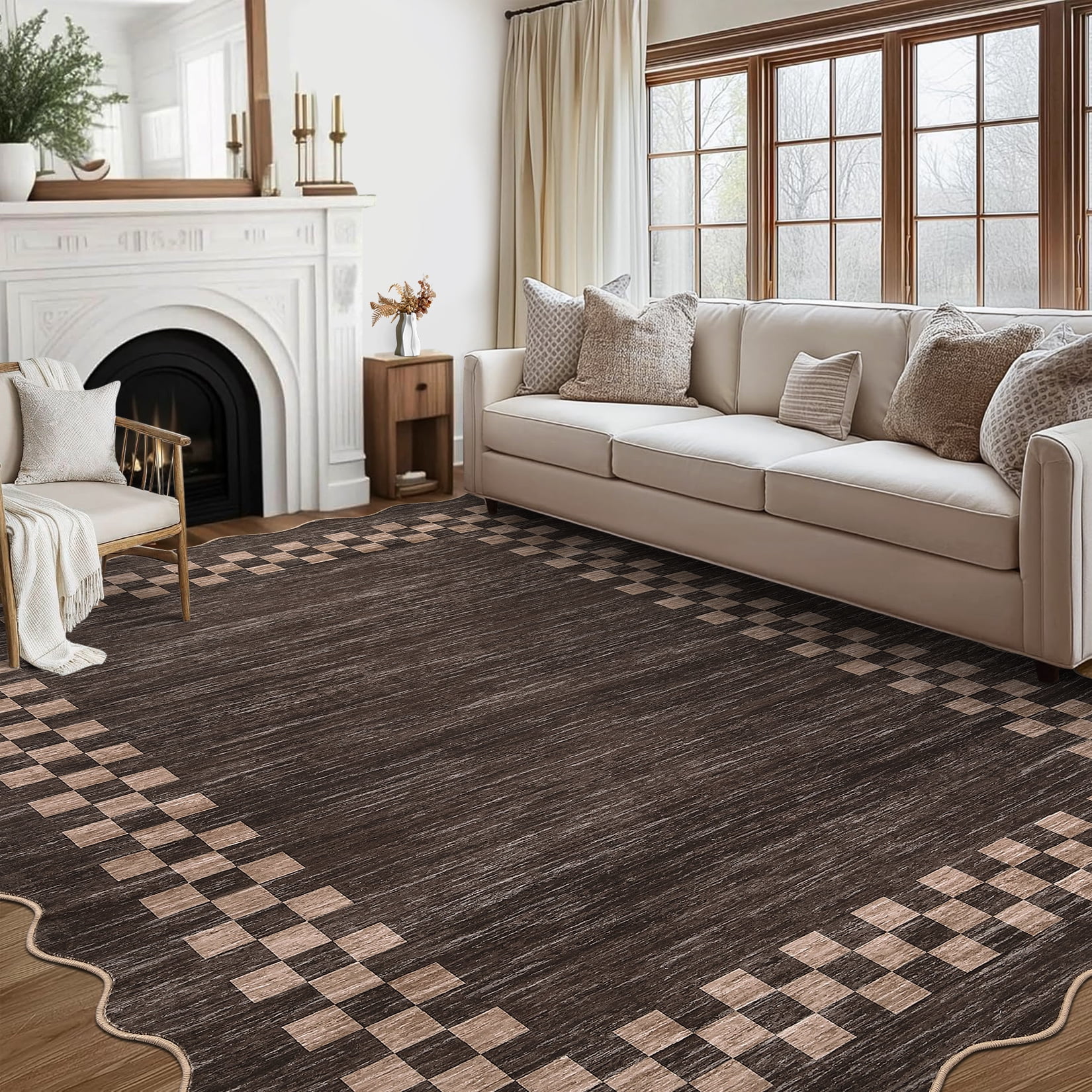 HOMERRY Large Scalloped Border Plaid Non-Shedding Area Rug 9' x 12' for Living Room Washable Indoor Carpet, Brown