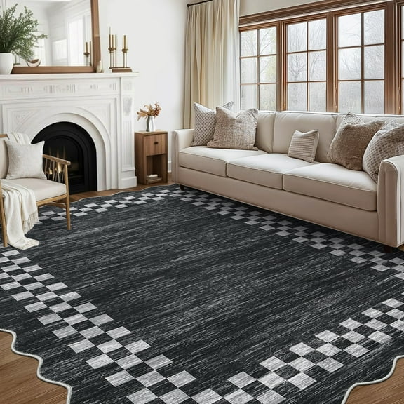 HOMERRY Large Scalloped Border Plaid Non-Shedding Area Rug 9' x 12' for Living Room Washable Indoor Carpet, Gray/Black