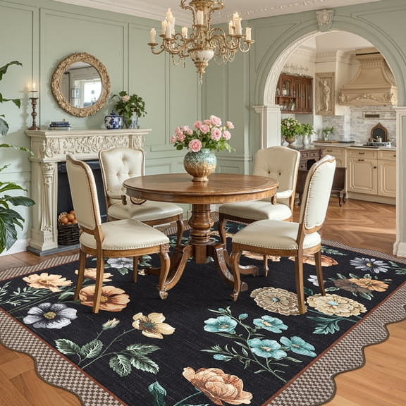 HOMERRY Large Scalloped Floral Non-Shedding Area Rug 10' x 13' for Living Room Washable Indoor Carpet, Black