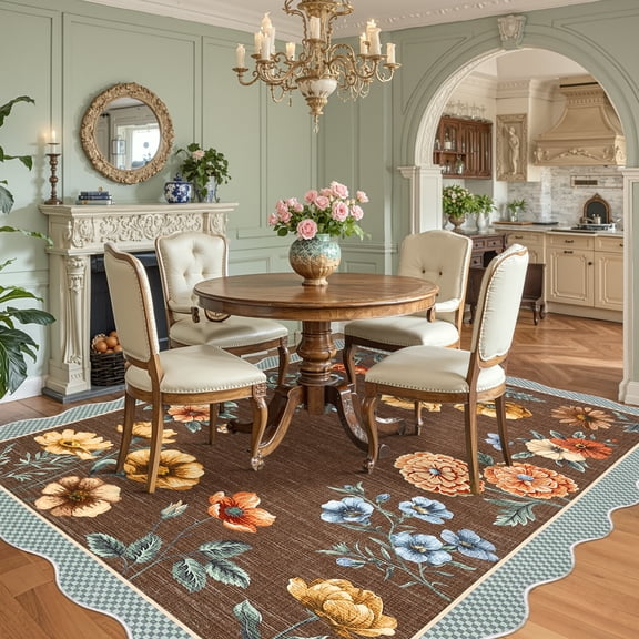 HOMERRY Large Scalloped Floral Non-Shedding Area Rug 10' x 13' for Living Room Washable Indoor Carpet, Brown