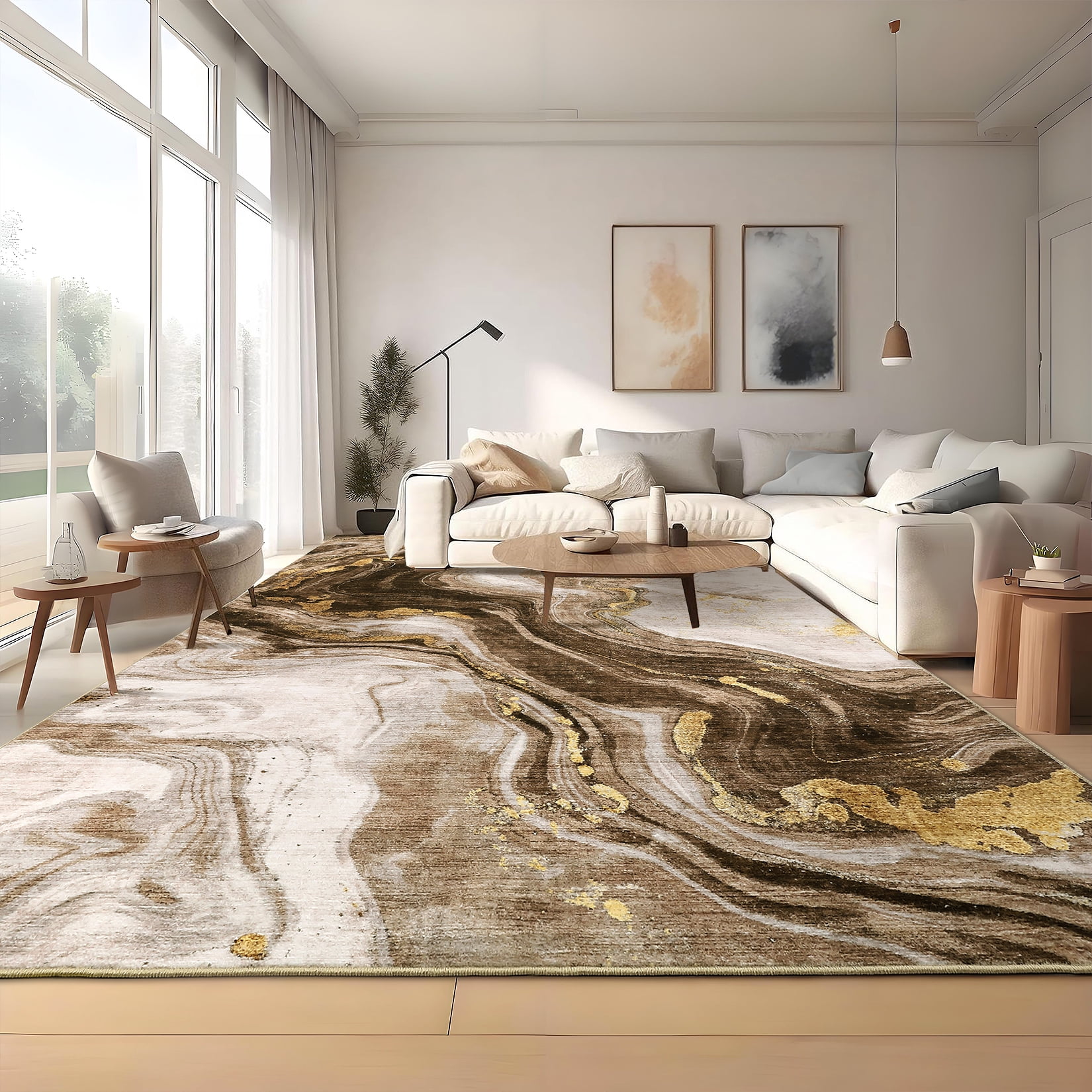 HOMERRY Large Washable Abstract 10' x 13' Area Rug for Living Room Non-Slip Indoor Carpet, Brown