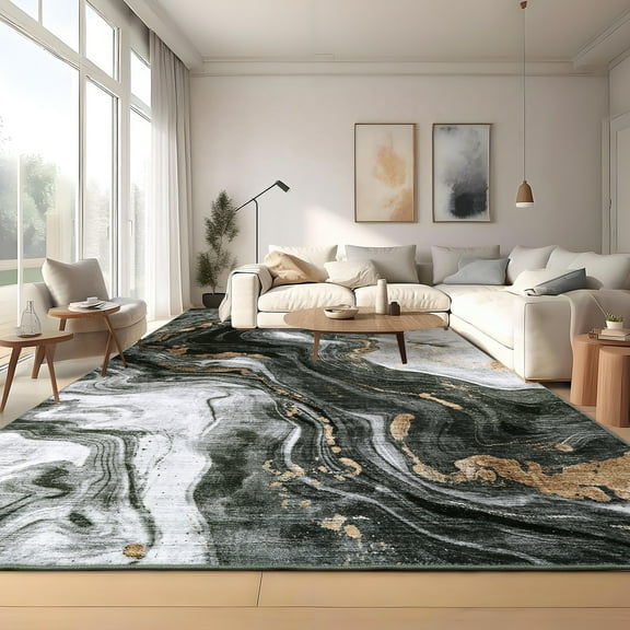 HOMERRY Large Washable Abstract 9' x 12' Area Rug for Living Room Non-Slip Indoor Carpet, Black