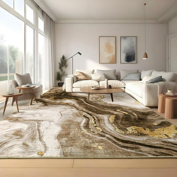 HOMERRY Large Washable Abstract 9' x 12' Area Rug for Living Room Non-Slip Indoor Carpet, Brown