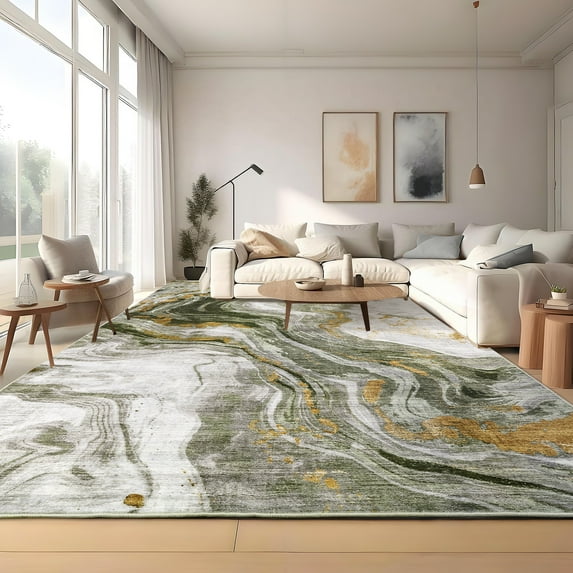 HOMERRY Large Washable Abstract 9' x 12' Area Rug for Living Room Non-Slip Indoor Carpet, Green