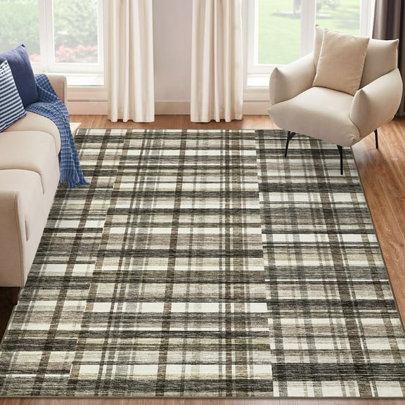 HOMERRY Large Washable Rug Geometric Plaid 10' x 13' Area Rug for Living Room Soft Non Slip Carpet, Brown/Beige