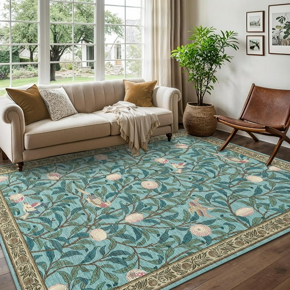 HOMERRY Leaf Print Non Slip Area Rug 10' x 13' for Living Room Washable Indoor Carpet, Light Blue