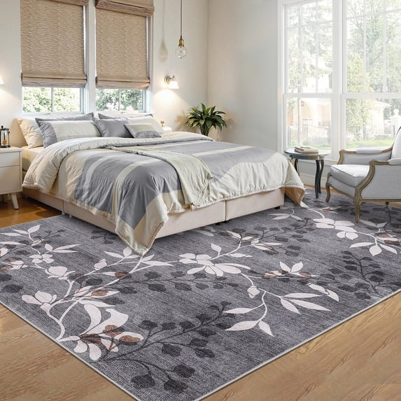 HOMERRY Leaf Print Non Slip Area Rug 9' x 12' for Living Room Washable Indoor Carpet, Gray