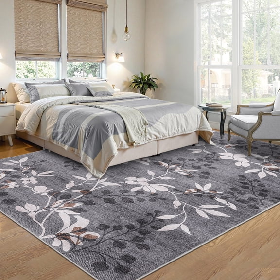 HOMERRY Leaf Print Non Slip Area Rug 9' x 12' for Living Room Washable Indoor Carpet, Gray