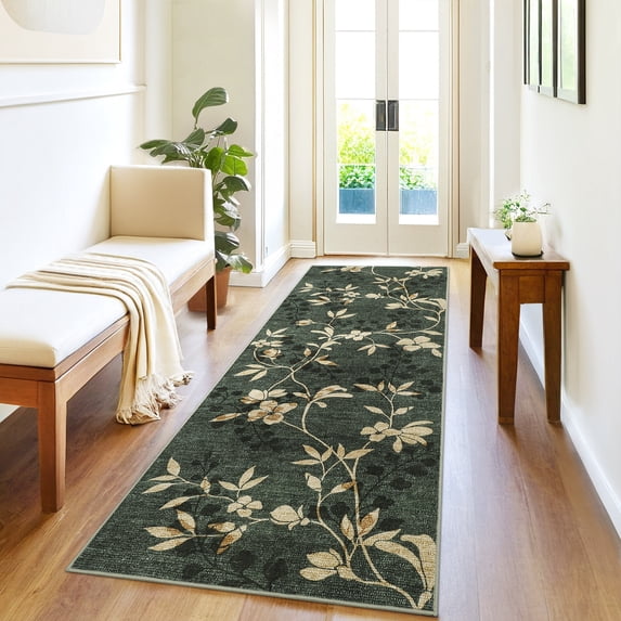 HOMERRY Leaf Print Runner 2' x 6' for Hallway Modern Washable Throw Rugs for Kitchen Indoor Carpet, Green