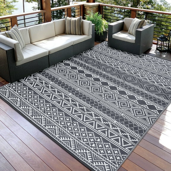 HOMERRY Geometric Outdoor Rug Straw Plastic Area Rug for Balcony Pool RV Waterproof Reversible Carpet, White/Gray, 5'x 8'