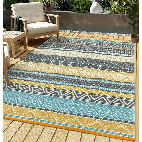 HOMERRY Geometric Outdoor Rug Straw Plastic Area Rug for Balcony Pool RV Waterproof Reversible Carpet, Yellow/Gray/Blue, 6'x 9'