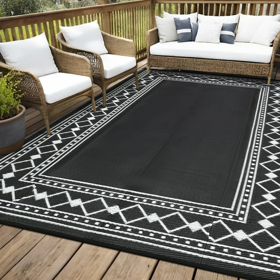 HOMERRY Geometric Border Outdoor Rug Straw Plastic Area Rug for Balcony Pool RV Waterproof Reversible Carpet, Black/White, 9'x 12'