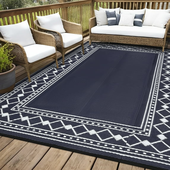HOMERRY Geometric Border Outdoor Rug Straw Plastic Area Rug for Balcony Pool RV Waterproof Reversible Carpet, Navy, 8'x 10'