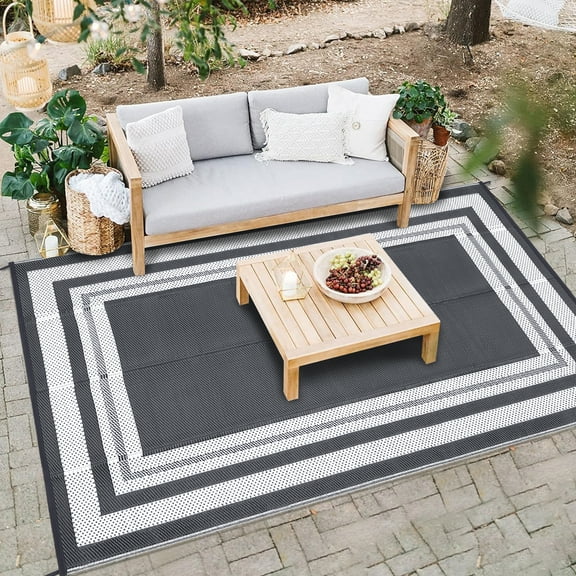 HOMERRY Geometric Border Outdoor Rug Straw Plastic Area Rug for Balcony Pool RV Waterproof Reversible Carpet, White/Gray, 8'x 10'