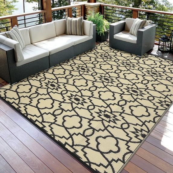HOMERRY Geometric Floral Outdoor Rug Straw Plastic Area Rug for Balcony Pool RV Waterproof Reversible Carpet, Brown/Black, 9'x 18'