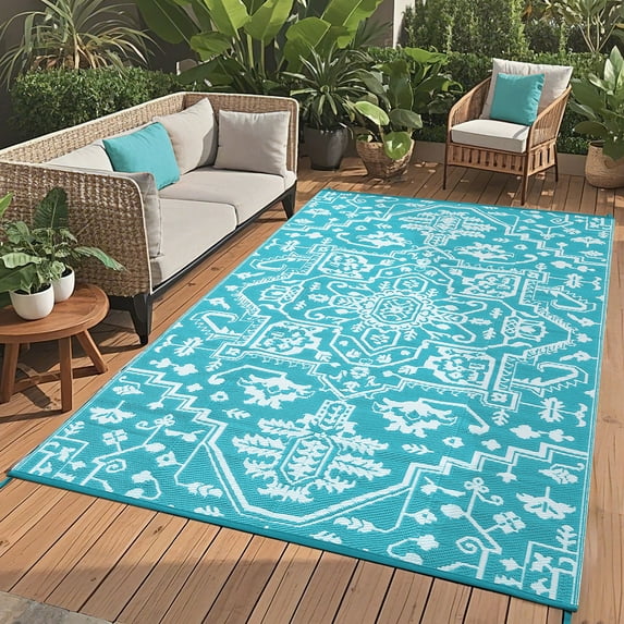 HOMERRY Geometric Floral Outdoor Rug Straw Plastic Area Rug for Balcony Pool RV Waterproof Reversible Carpet, Light Blue, 9'x 18'