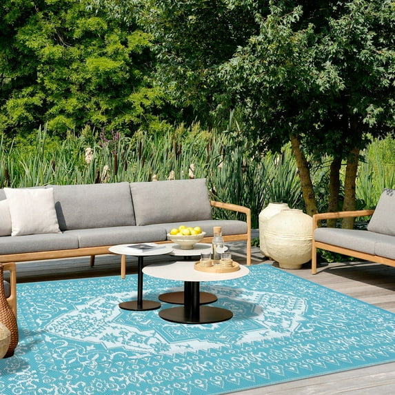 HOMERRY Geometric Floral Outdoor Rug Straw Plastic Area Rug for Balcony Pool RV Waterproof Reversible Carpet, Light Blue, 8'x 10'