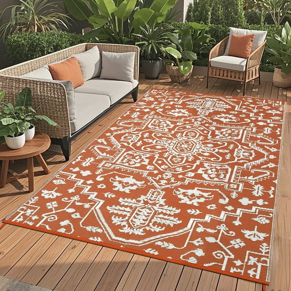 HOMERRY Geometric Floral Outdoor Rug Straw Plastic Area Rug for Balcony Pool RV Waterproof Reversible Carpet, Orange Red/White, 8'x 10'