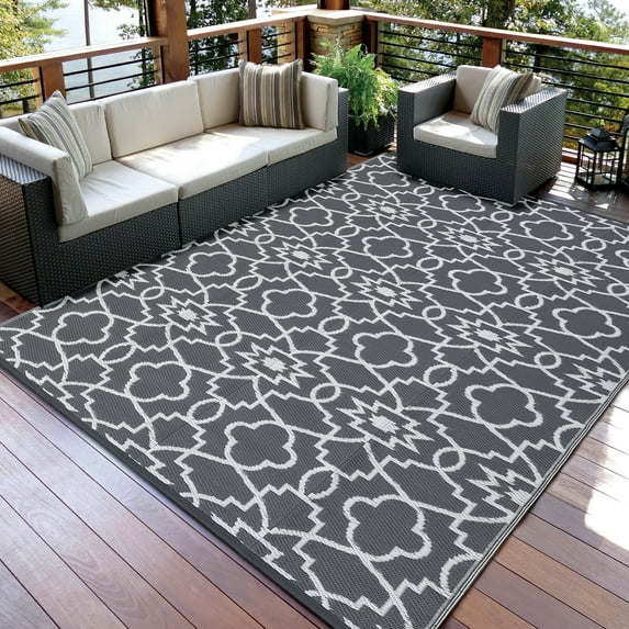 HOMERRY Geometric Floral Outdoor Rug Straw Plastic Area Rug for Balcony Pool RV Waterproof Reversible Carpet, White/Gray, 8'x 10'