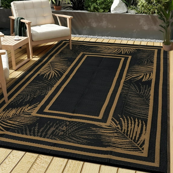 HOMERRY Geometric Leaf Border Outdoor Rug Straw Plastic Area Rug for Balcony Pool RV Waterproof Reversible Carpet, Brown/Black, 8'x 10'