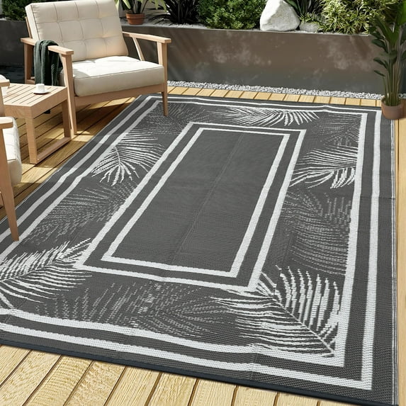 HOMERRY Geometric Leaf Border Outdoor Rug Straw Plastic Area Rug for Balcony Pool RV Waterproof Reversible Carpet, White/Gray, 8'x 10'