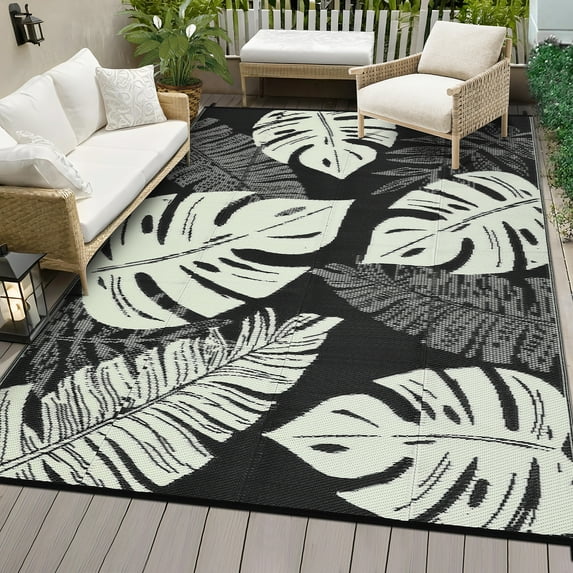 HOMERRY Geometric Leaf Outdoor Rug Straw Plastic Area Rug for Balcony Pool RV Waterproof Reversible Carpet, Black/Beige, 8'x 10'
