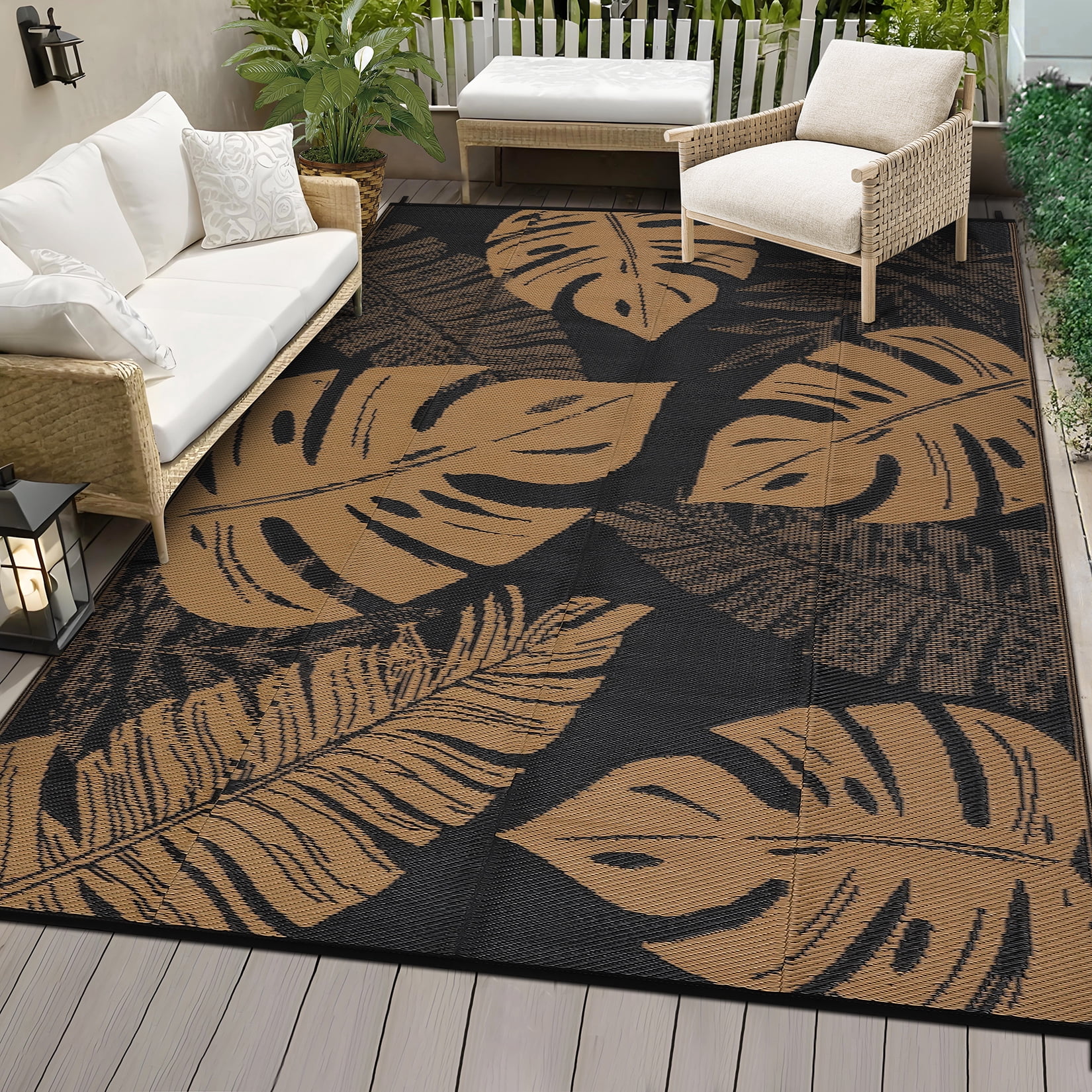 HOMERRY Geometric Leaf Outdoor Rug Straw Plastic Area Rug for Balcony Pool RV Waterproof Reversible Carpet, Brown/Black, 9'x 18'