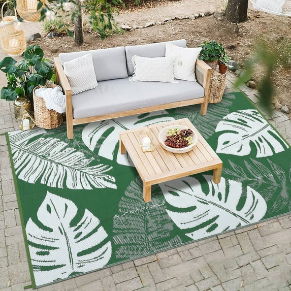 HOMERRY Geometric Leaf Outdoor Rug Straw Plastic Area Rug for Balcony Pool RV Waterproof Reversible Carpet, Green, 8'x 10'