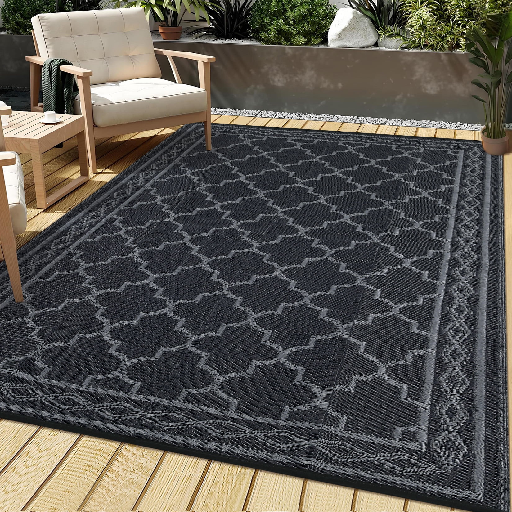 HOMERRY Geometric Moroccan Outdoor Rug Straw Plastic Area Rug for Balcony Pool RV Waterproof Reversible Carpet, Gray/Black, 9'x 18'