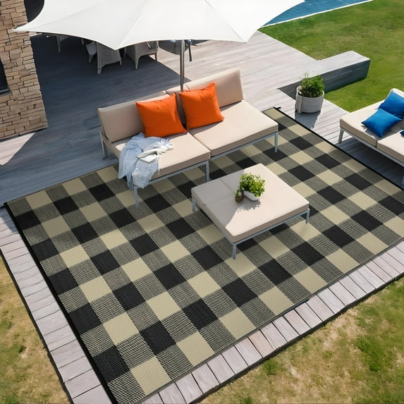 HOMERRY Geometric Plaid Outdoor Rug Straw Plastic Area Rug for Balcony Pool RV Waterproof Reversible Carpet, Brown/Black, 8'x 10'