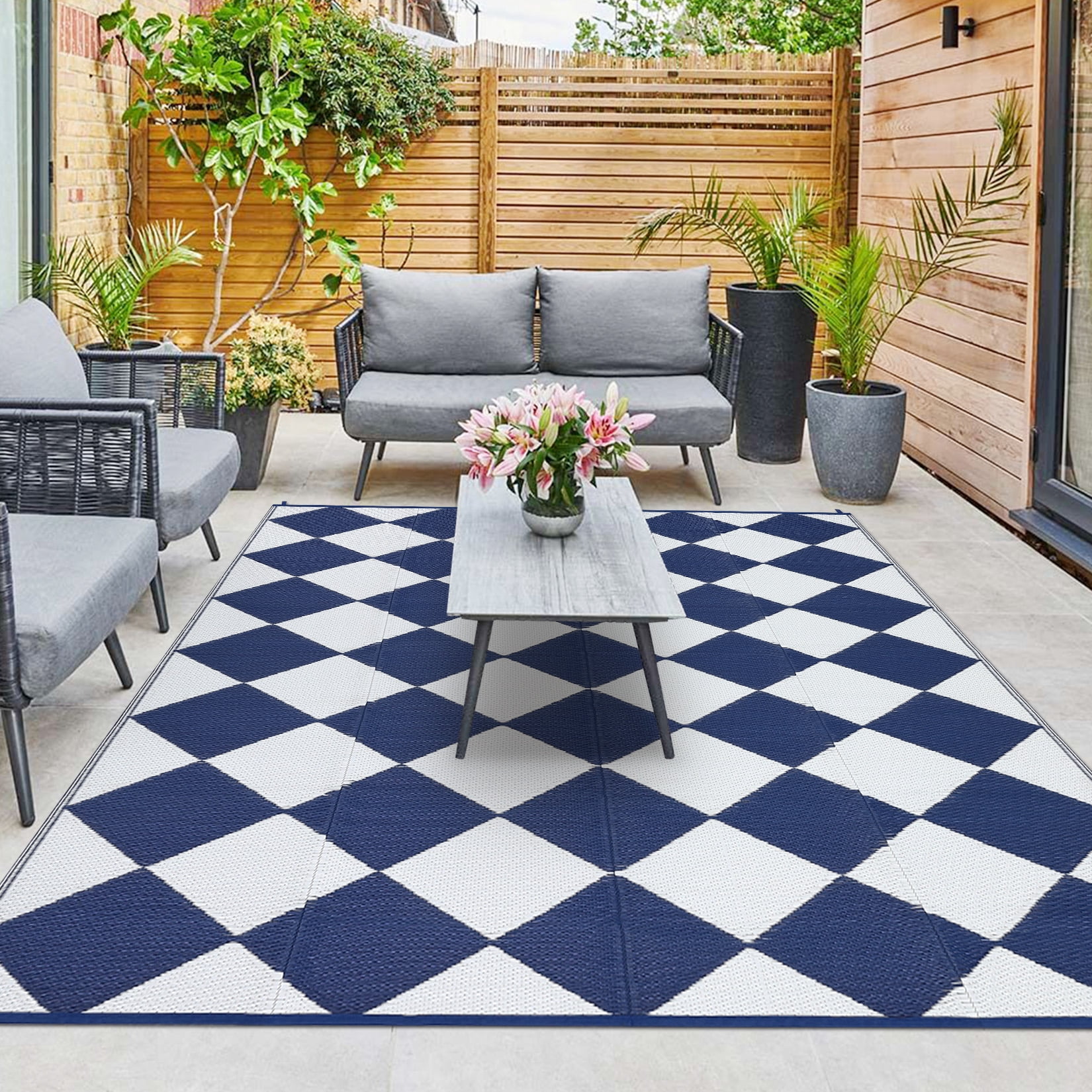 HOMERRY Geometric Plaid Outdoor Rug Straw Plastic Area Rug for Balcony Pool RV Waterproof Reversible Carpet, Navy/White, 9'x 12'