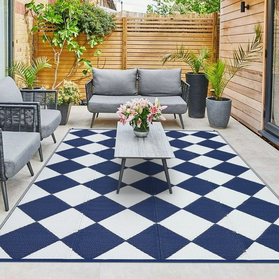 HOMERRY Geometric Plaid Outdoor Rug Straw Plastic Area Rug for Balcony Pool RV Waterproof Reversible Carpet, Navy/White, 9'x 12'