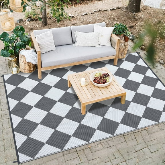 HOMERRY Geometric Plaid Outdoor Rug Straw Plastic Area Rug for Balcony Pool RV Waterproof Reversible Carpet, White/Gray, 5'x 8'