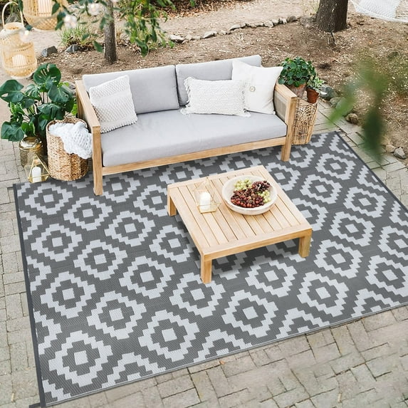 HOMERRY Geometric Plaid Outdoor Rug Straw Plastic Area Rug for Balcony Pool RV Waterproof Reversible Carpet, White/Gray, 6'x 9'