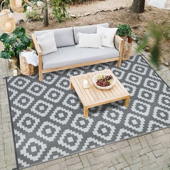 HOMERRY Geometric Plaid Outdoor Rug Straw Plastic Area Rug for Balcony Pool RV Waterproof Reversible Carpet, White/Gray, 8'x 10'