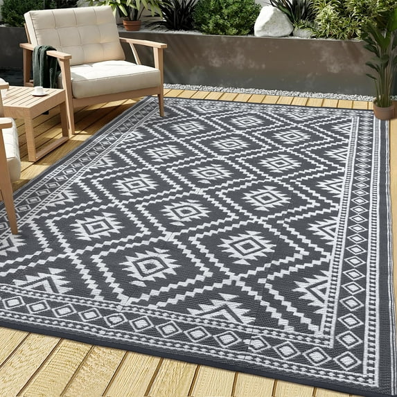 HOMERRY Geometric Plaid Outdoor Rug Straw Plastic Area Rug for Balcony Pool RV Waterproof Reversible Carpet, White/Gray, 9'x 12'