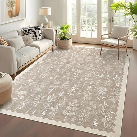 HOMERRY Modern Scallop Bordered Pattern Area Rug 9' x 12' for Living Room Indoor Floral Carpet, Camel