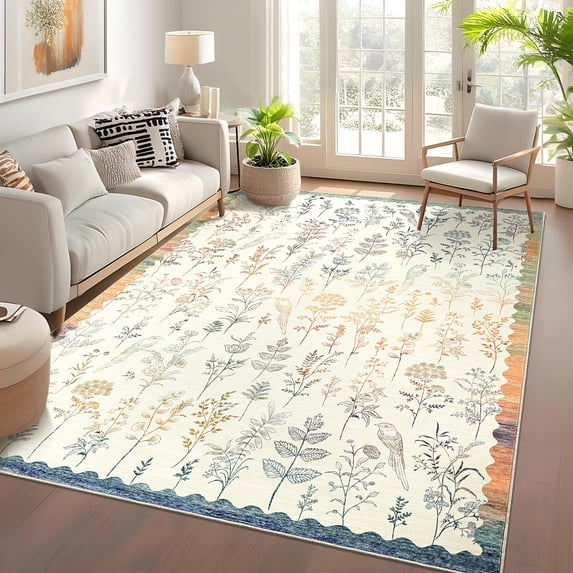 HOMERRY Modern Scallop Bordered Pattern Area Rug 9' x 12' for Living Room Indoor Floral Carpet, Yellow/Blue