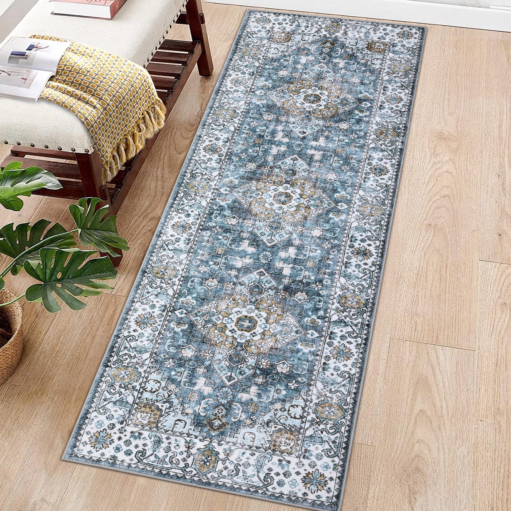 HOMERRY Modern Vintage Floral Washable 2' x 6' Runner Rug Non-Skid Low Pile Blue Boho Kitchen Doormat