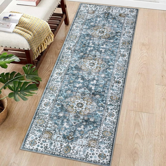 HOMERRY Modern Vintage Floral Washable 2' x 6' Runner Rug Non-Skid Low Pile Blue Boho Kitchen Doormat