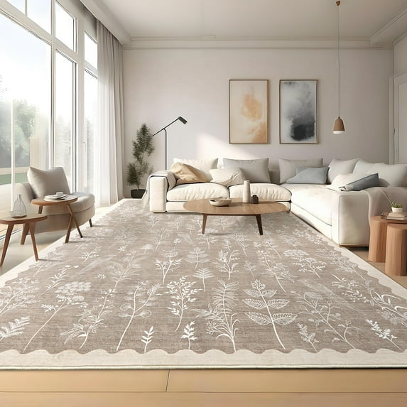 HOMERRY Non-Slip Scallop Bordered Pattern Area Rug 5' x 7' for Living Room Indoor Floral Carpet, Camel